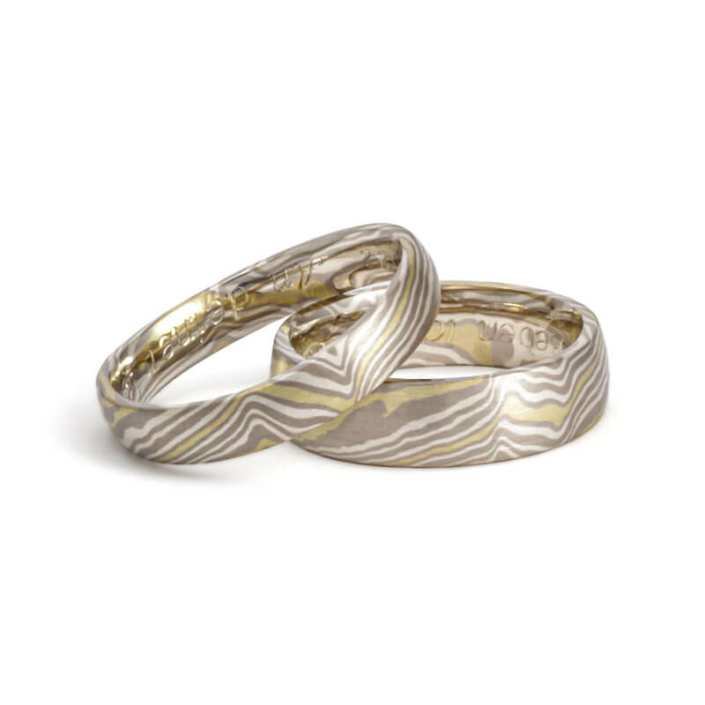 mokume_gane_gruengold Ausgefallene Mokume Gane-Eheringe mit holzähnlicher Maserung aus Palladium, Silber und Grüngold
